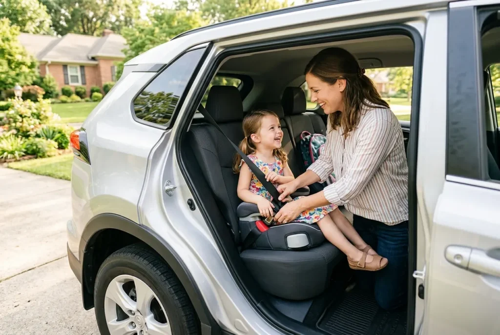 Mother and young daughter in the back seat of a clean car