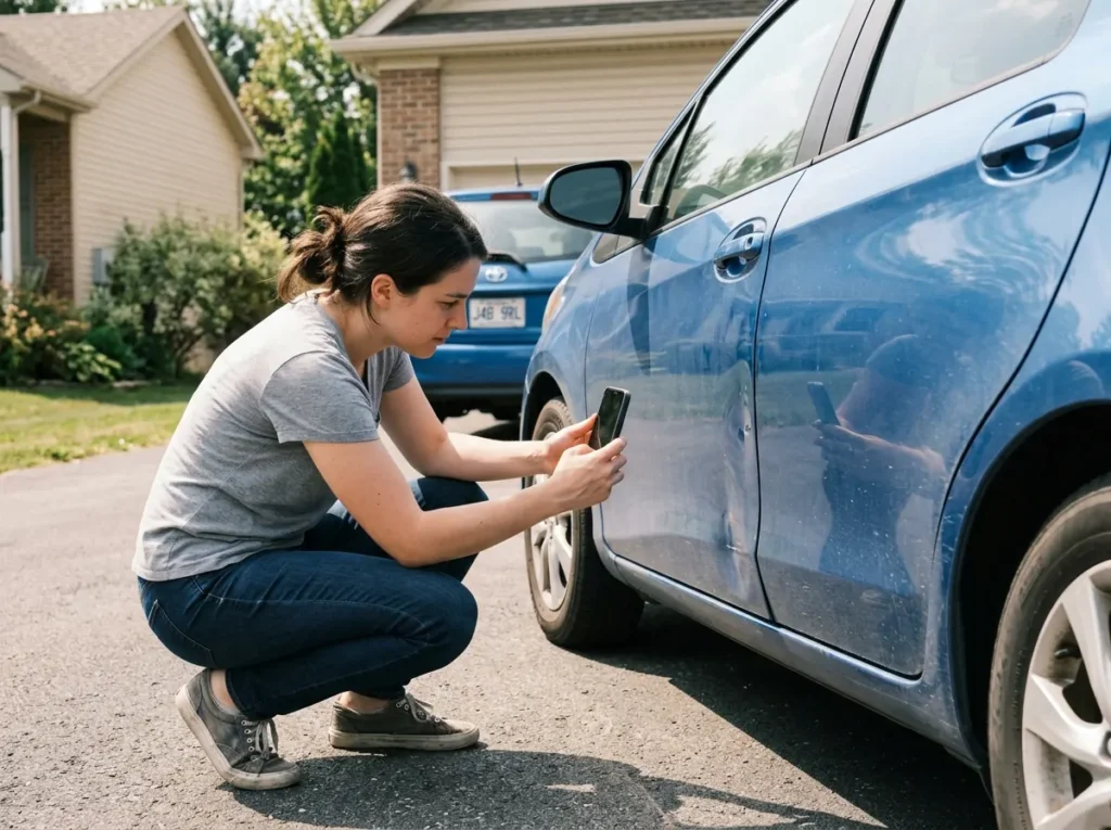 Customer photographing car damage to request a free repair quote